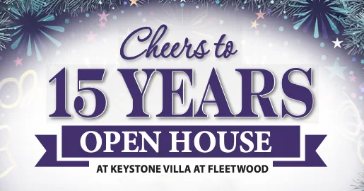 Cheers to 15 Years open house celebration banner