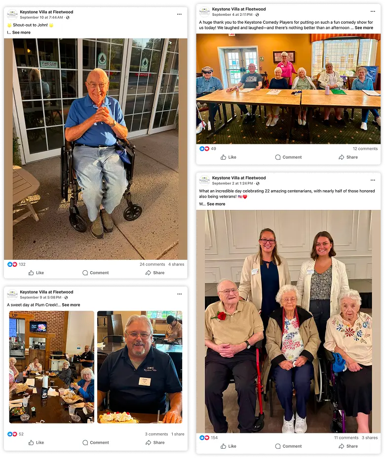Senior residents and staff at Keystone Villa at Fleetwood participating in social activities including a comedy show, dining together, and celebrating centenarians.