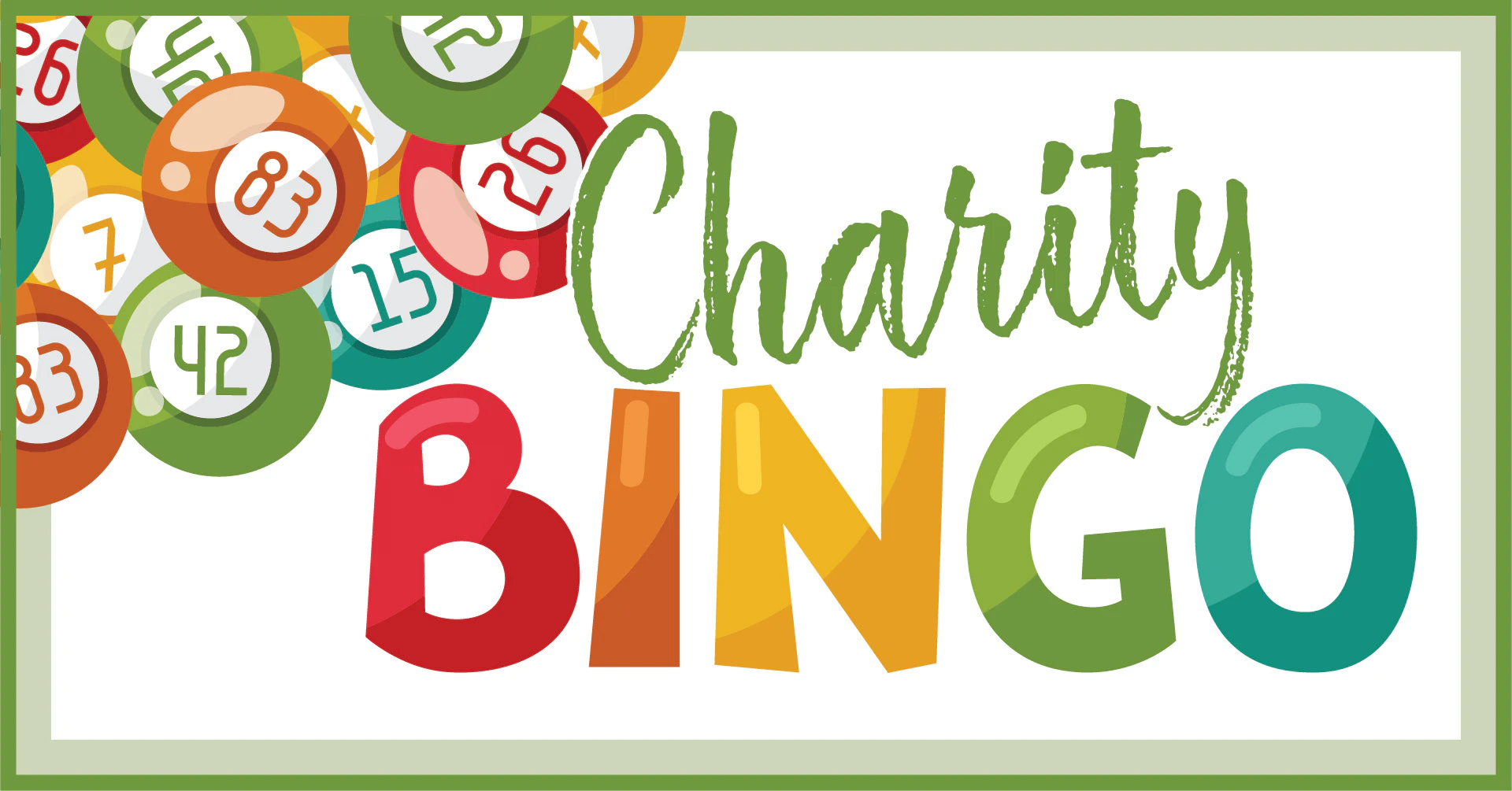Colorful charity bingo graphic with numbered balls