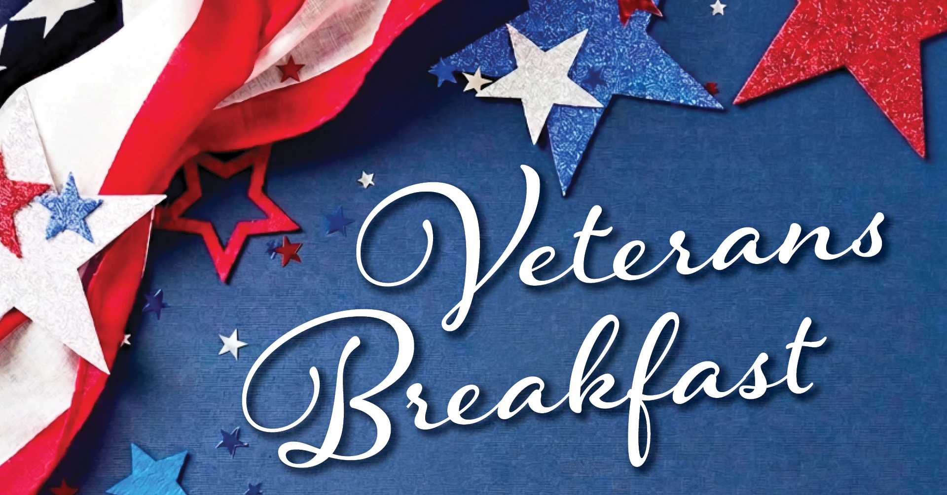 Decorative patriotic design with American flag and star shapes featuring the text 'Veterans Breakfast'.